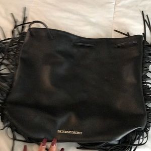 VS black leather drawstring bag tassels fringe!